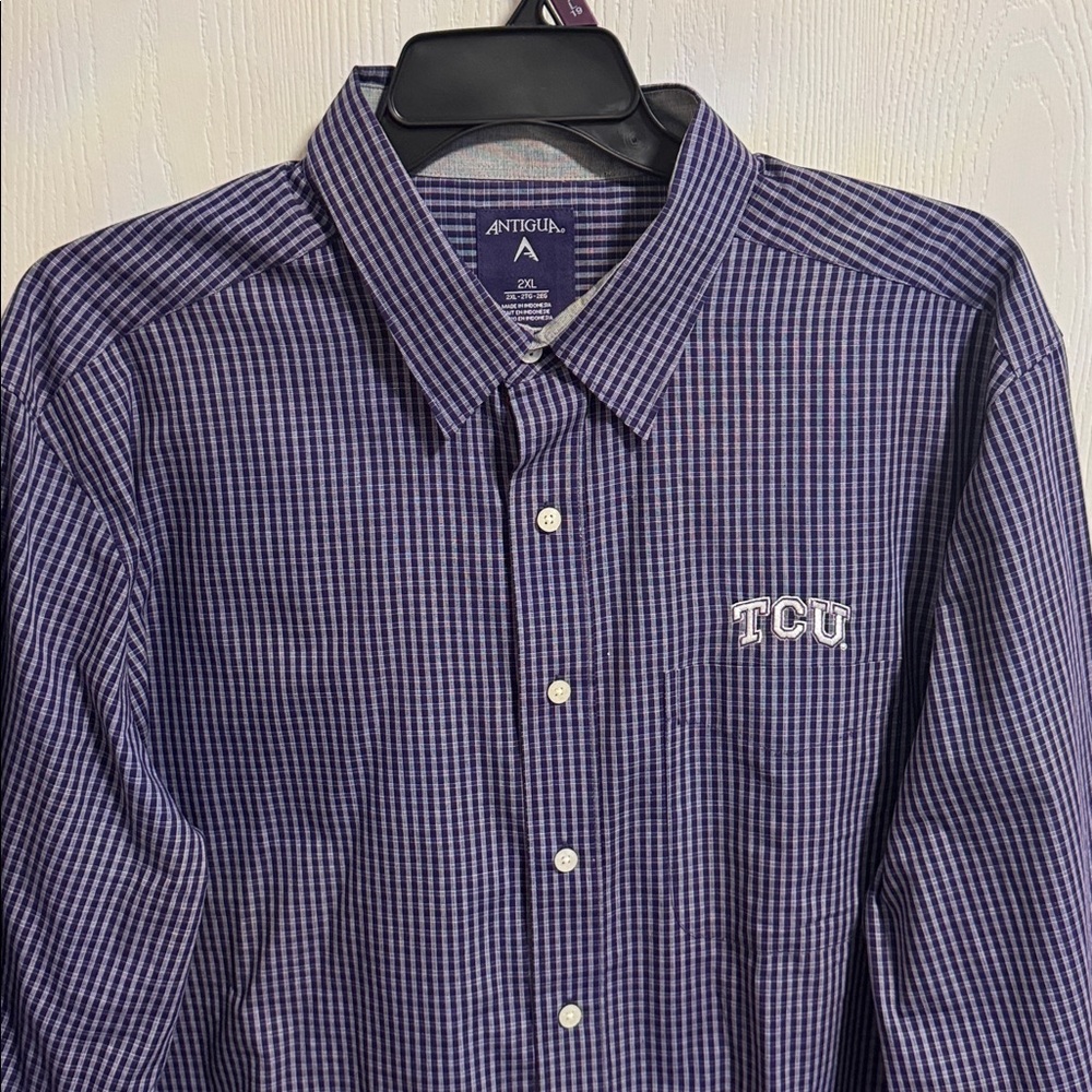 Antigua Mens 2XL TCU Horned Frogs Gingham Long Sleeve Woven Button Down Shirt - Picture 2 of 14